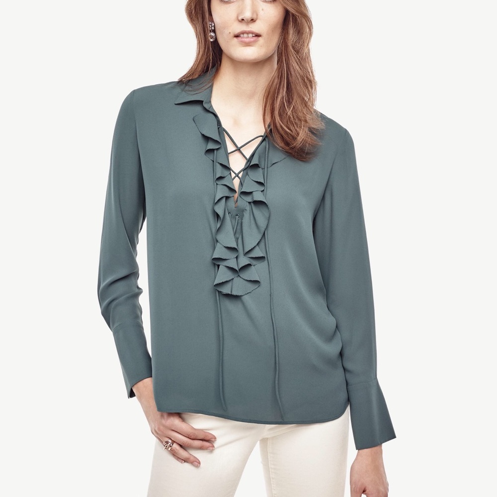 Anne Taylor Lace Up Blouse Green